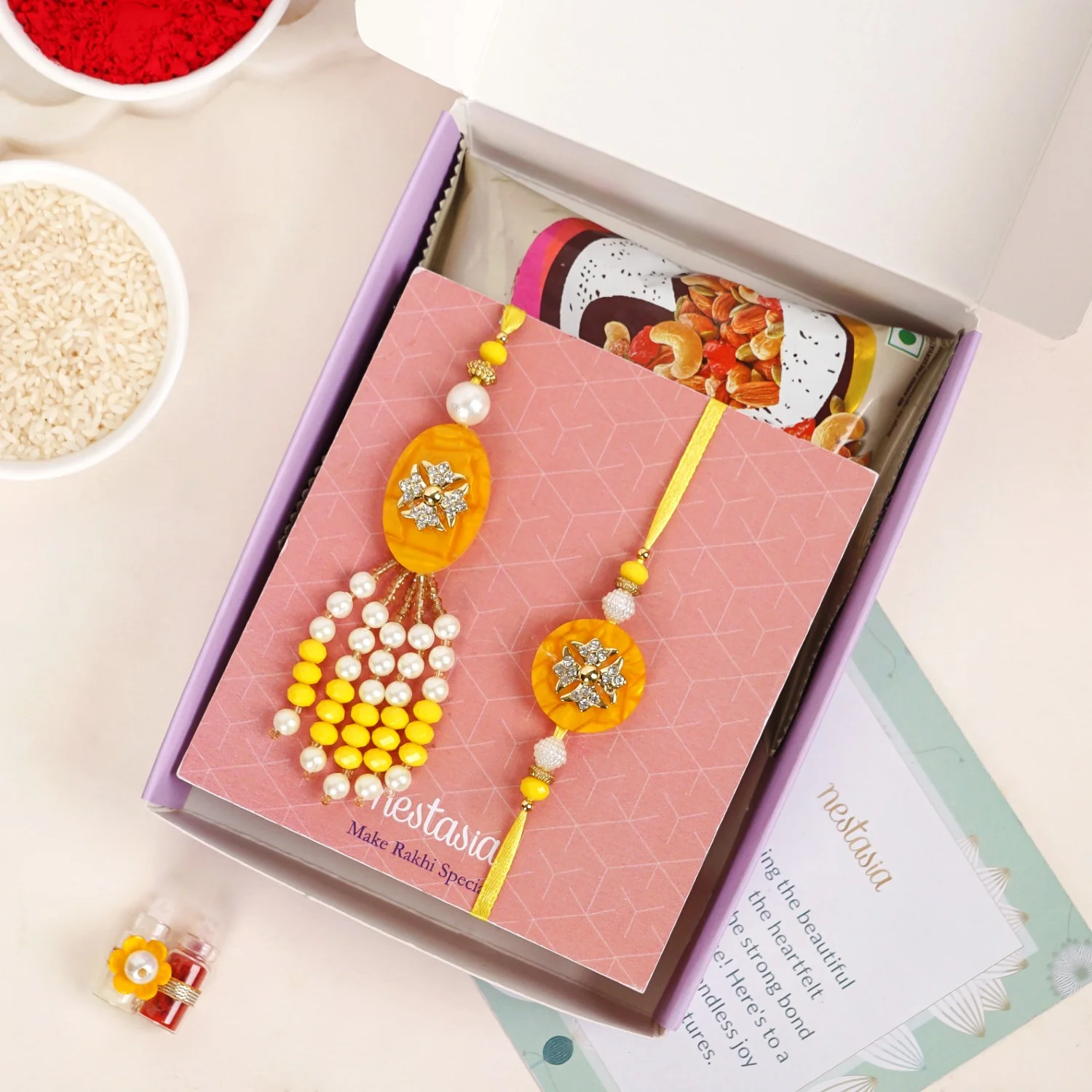 Ethereal Yellow Pearl Rakhi Lumba Gift Set - Image 5