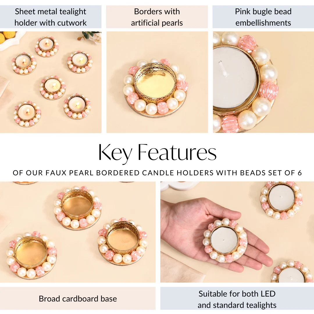 Faux Pearl Bordered Candle Holders With Pink Beads Set Of 6 - Image 5