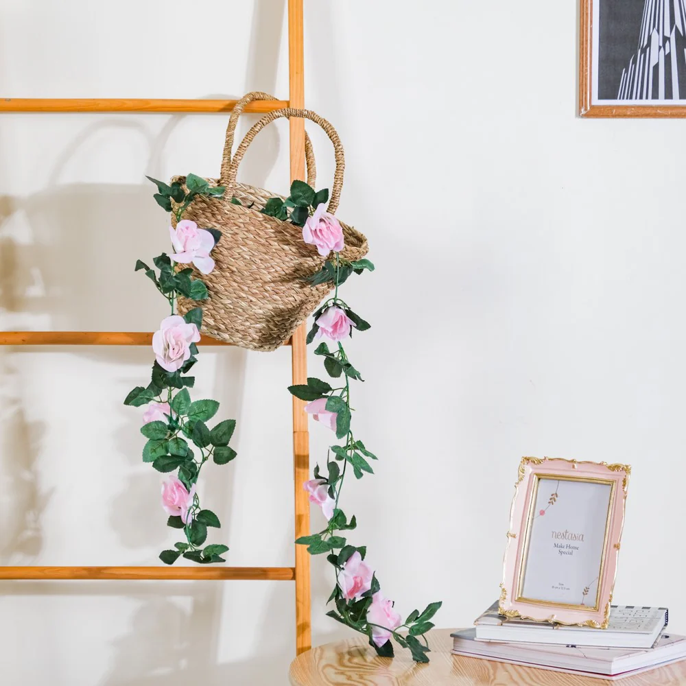 Faux Rose And Leaves Vine For Decor Pink