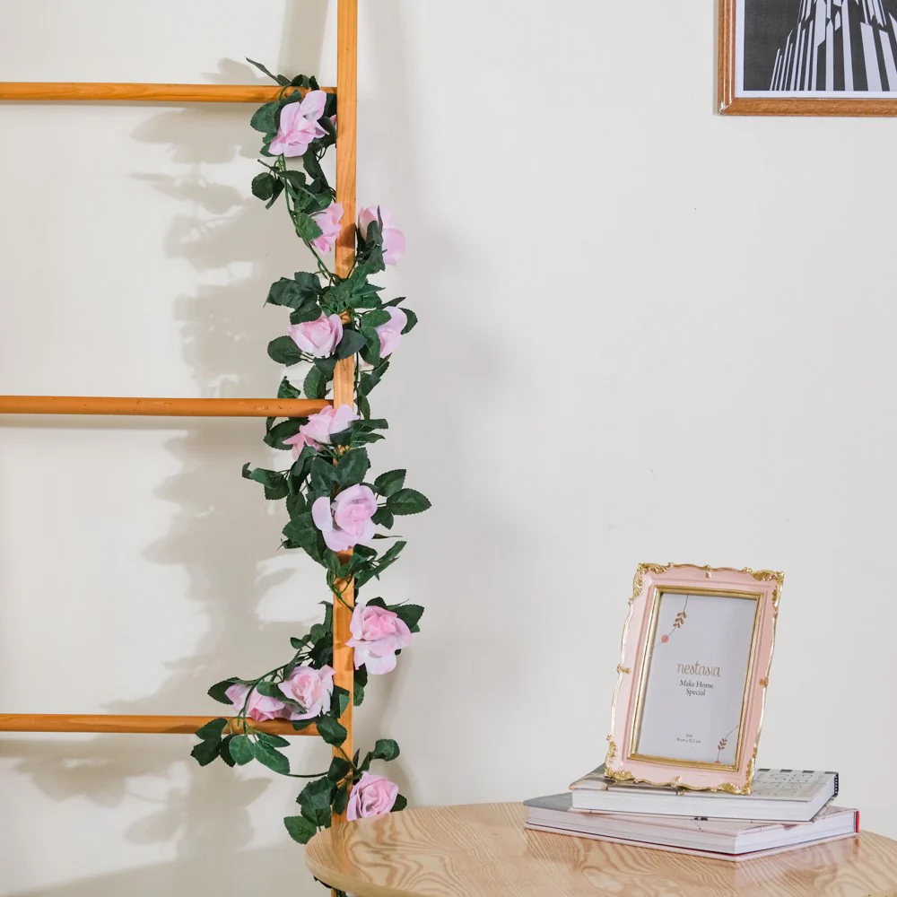 Faux Rose And Leaves Vine For Decor Pink - Image 4