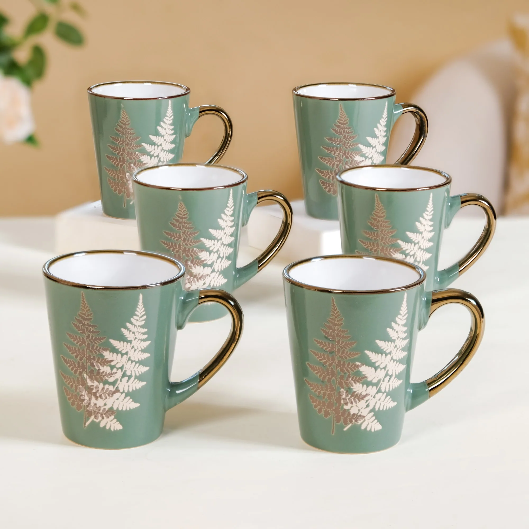 Fern Leaves Coffee Mug Set Of 6 Sage Green 350ml - Image 7