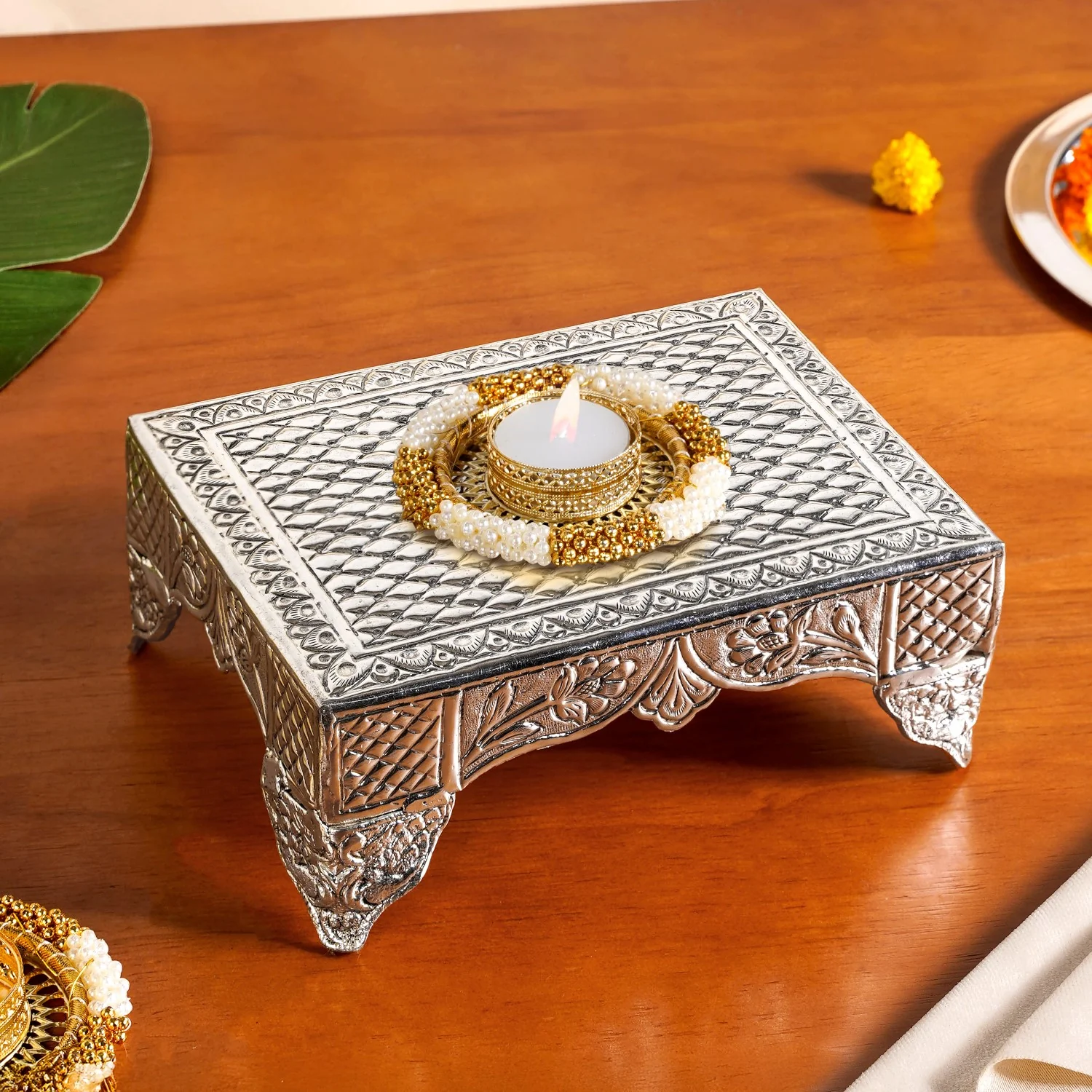 Flora Chowki Brass With Pure Silver Polish 20x15cm - Image 2