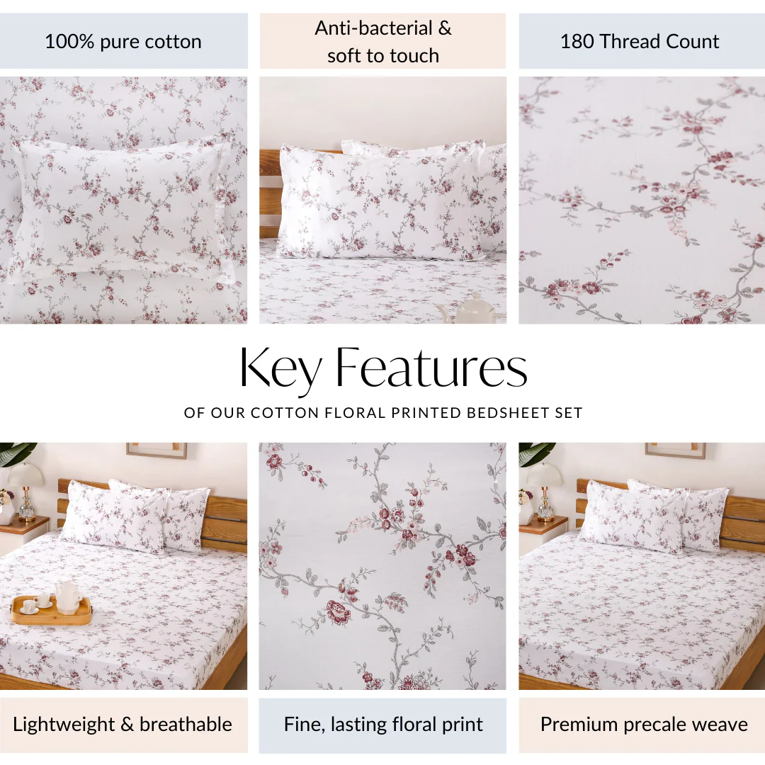 Floral 100% Pure Cotton Night Bedsheet Set 180 TC Soft Touch King Size 275x275 cm - Image 4