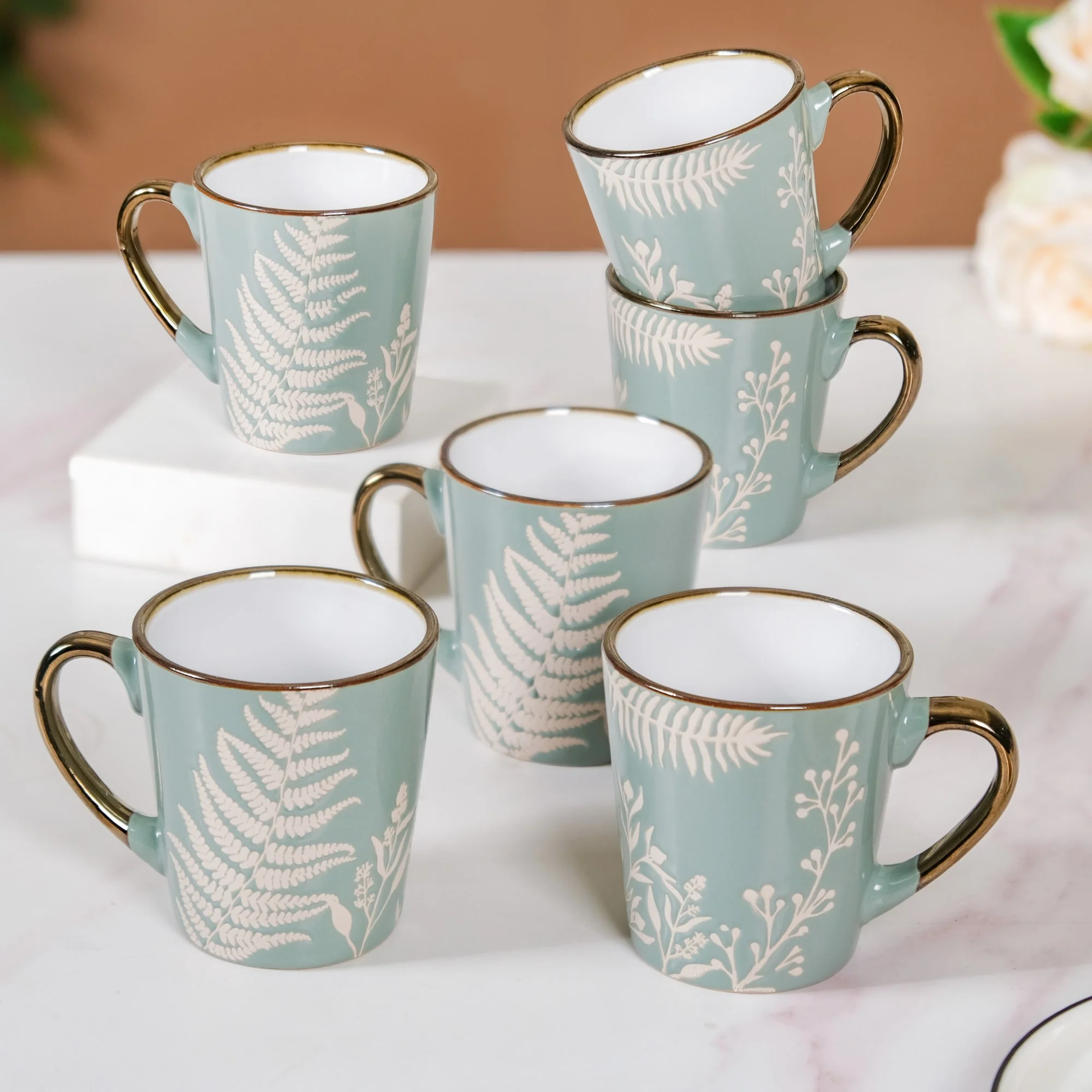 Floral Coffee Mug Set of 6 Sage Blue 200ml - Image 3