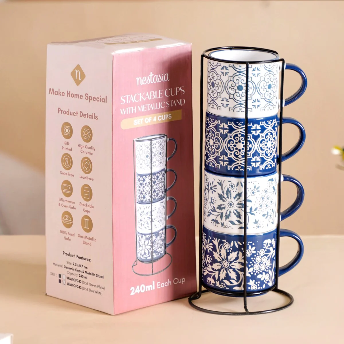 Floral Design Stackable Coffee Mugs Set of 4 210ml - Image 3