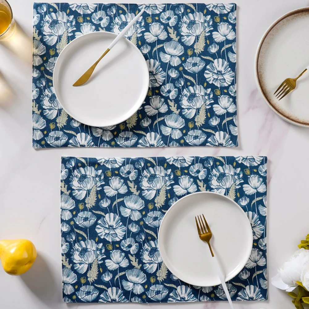 Floral Dining Cotton Printed Table Mat Royal Blue Set Of 2 - Image 3