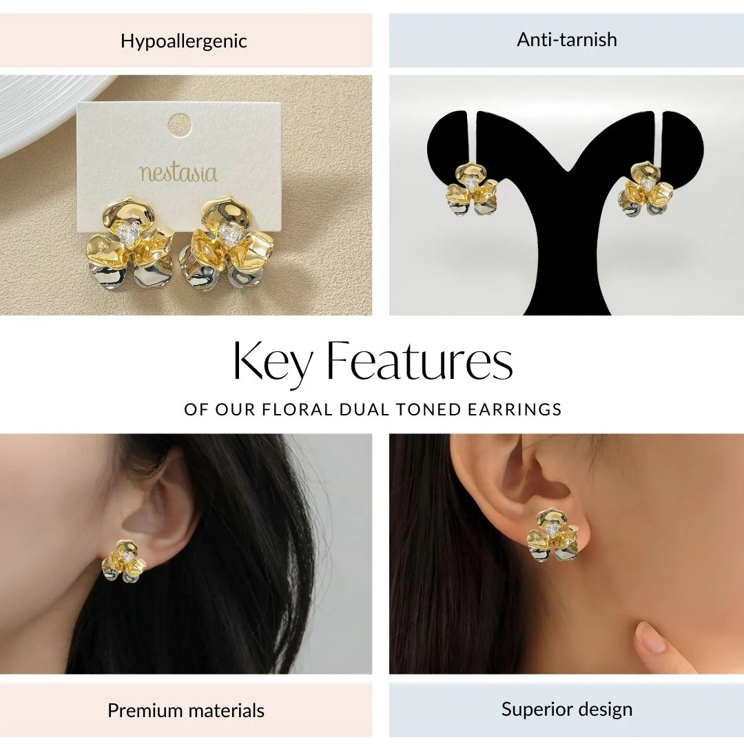 Floral Dual Toned Earrings - Image 4