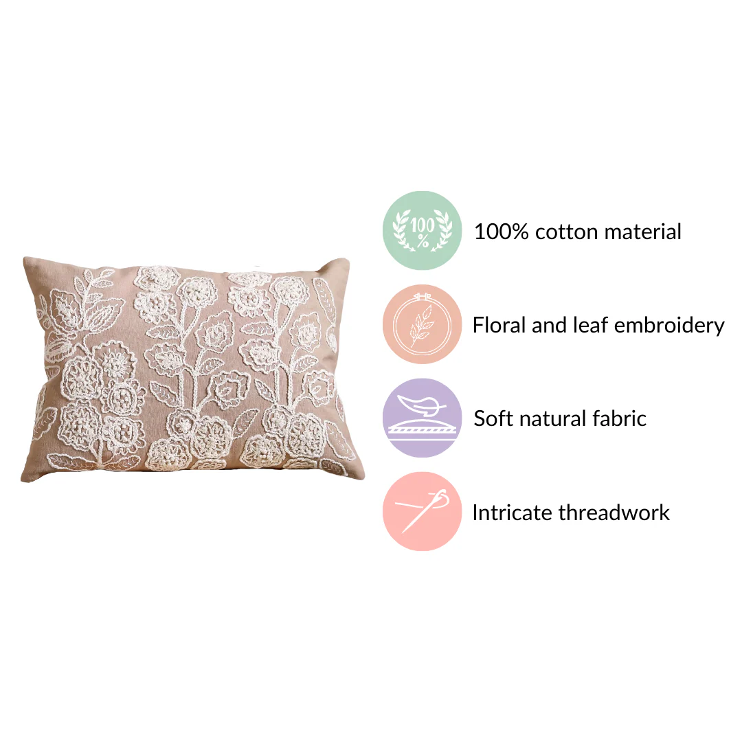 Floral Embroidered Throw Pillow Cover Beige 20x14 Inch - Image 4