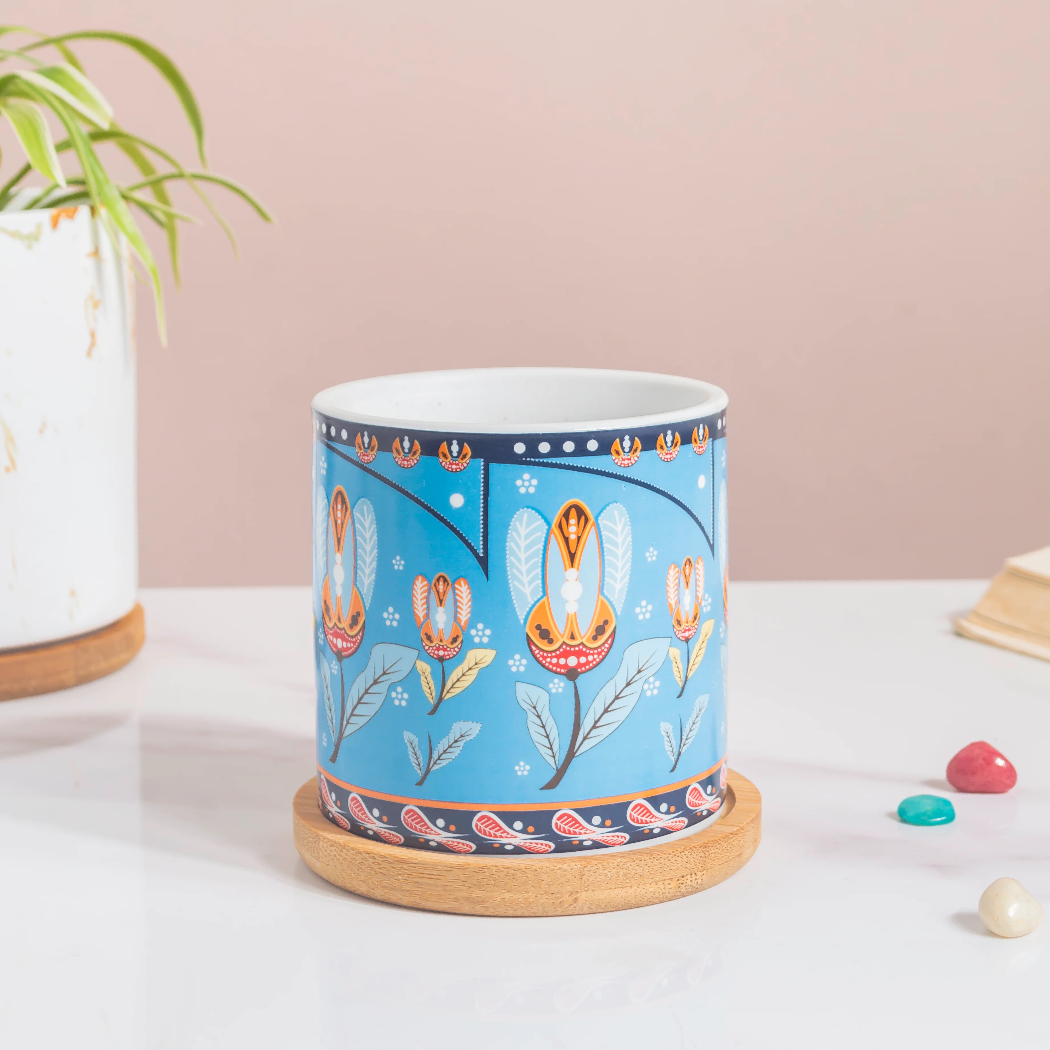 Floral Fantasy Ceramic Planter With Coaster Set Of 4 - Image 4