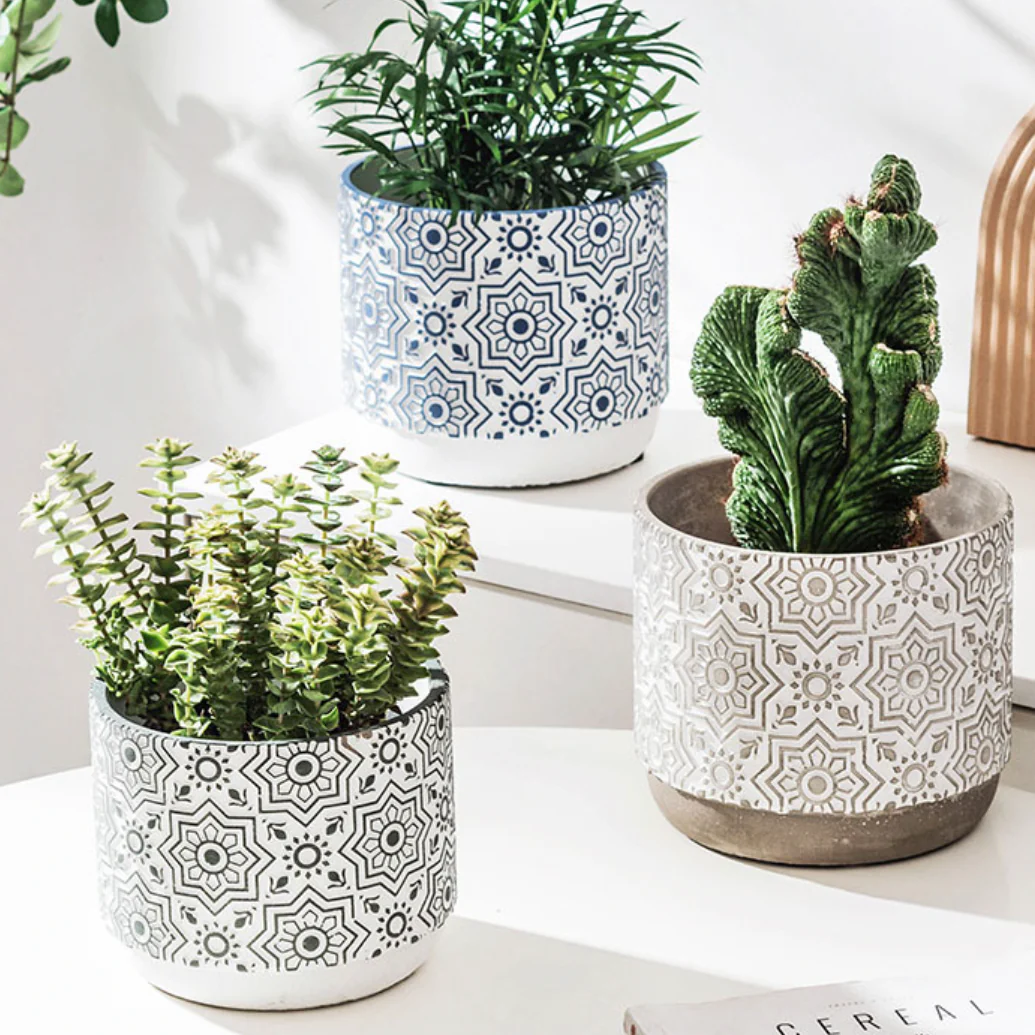 Floral Geometric Blue White Pot - Image 3