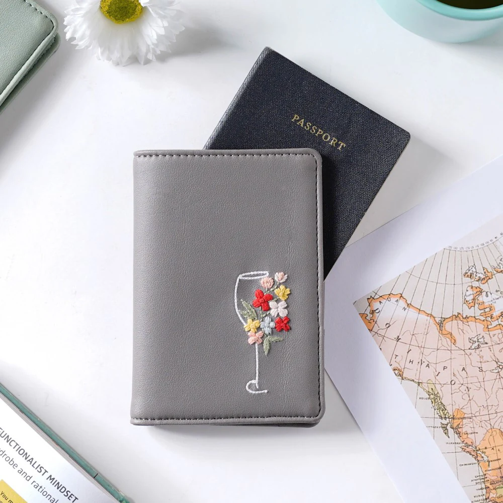 Floral Line Art Embroidered Passport Cover Grey - Image 7