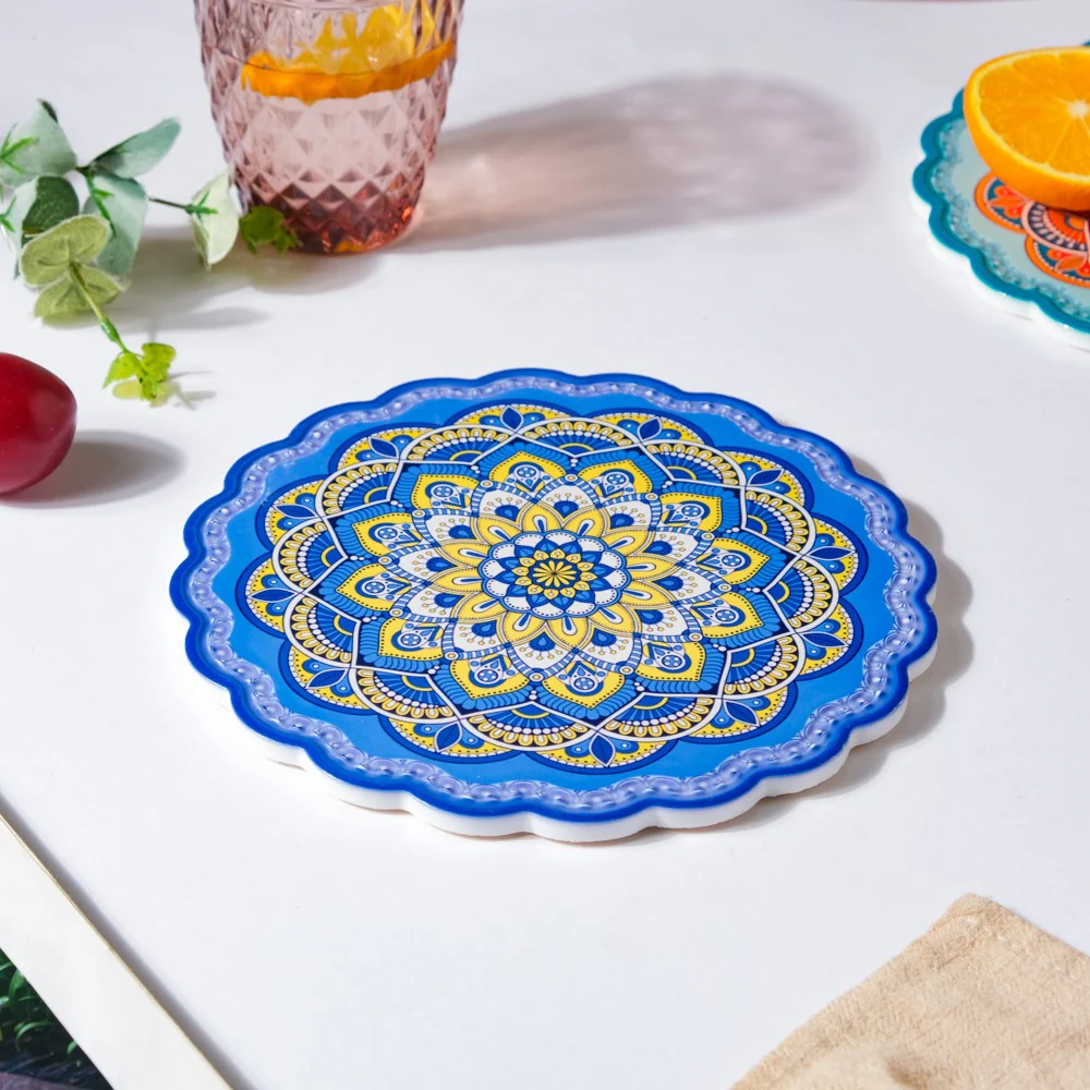 Floral Mandala Ceramic Trivet Blue 8 Inch - Image 3