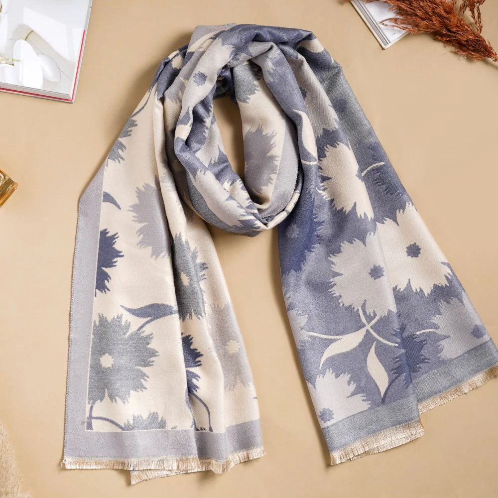 Floral Printed Woolen Scarf Blue - Image 2