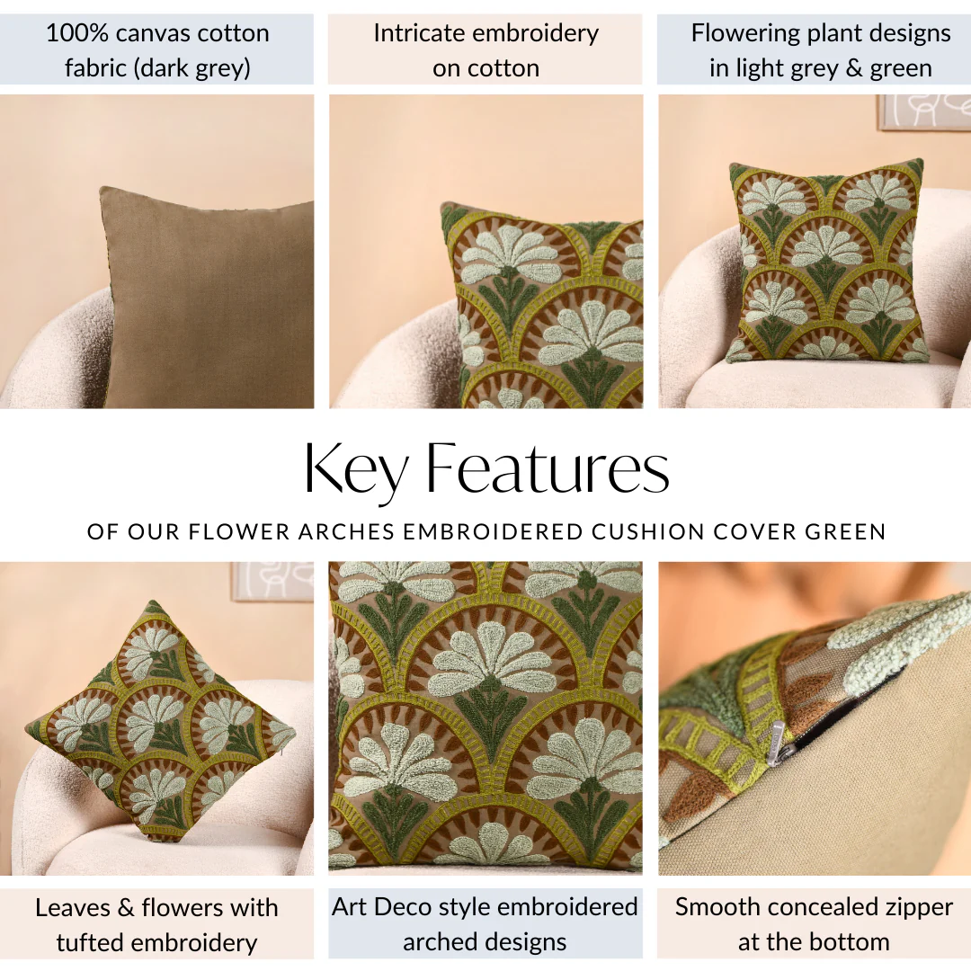 Flower Arches Embroidered Cushion Cover Green 40x40cm - Image 5