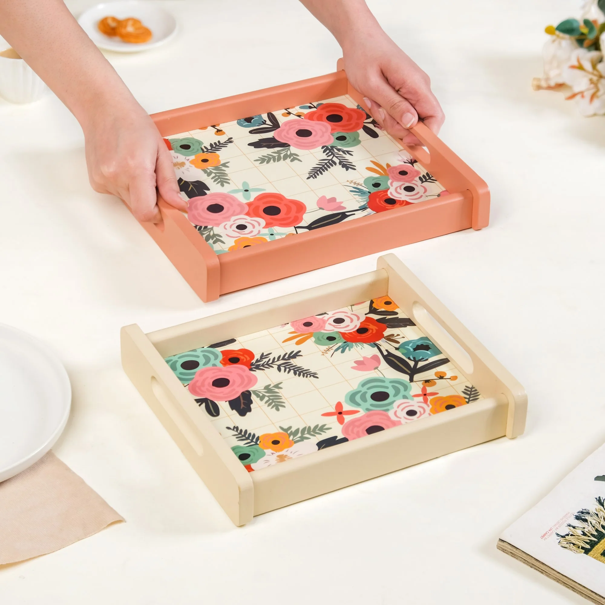Flower Bouquet Nested Wooden Tray Set Of 2 - Image 3