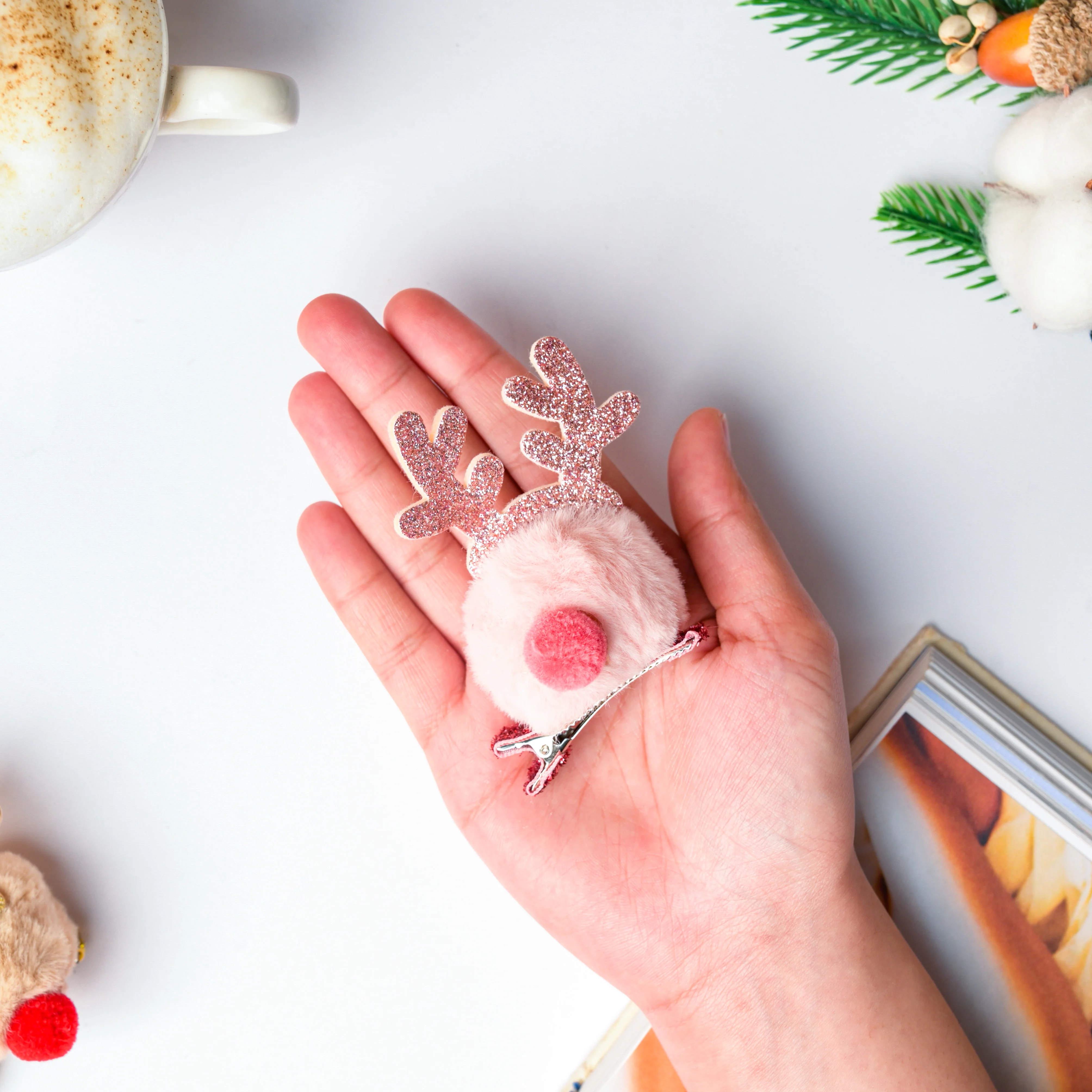 Fluffy Reindeer Hairpin Baby Pink - Image 2