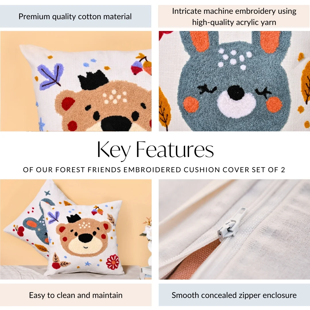 Forest Friends Embroidered Cushion Cover Set Of 2 40x40cm - Image 5