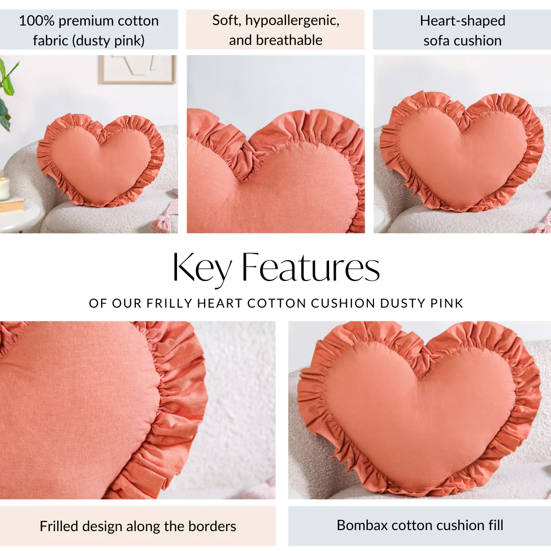 Frilly Heart Cotton Cushion Dusty Pink 43x38cm - Image 4
