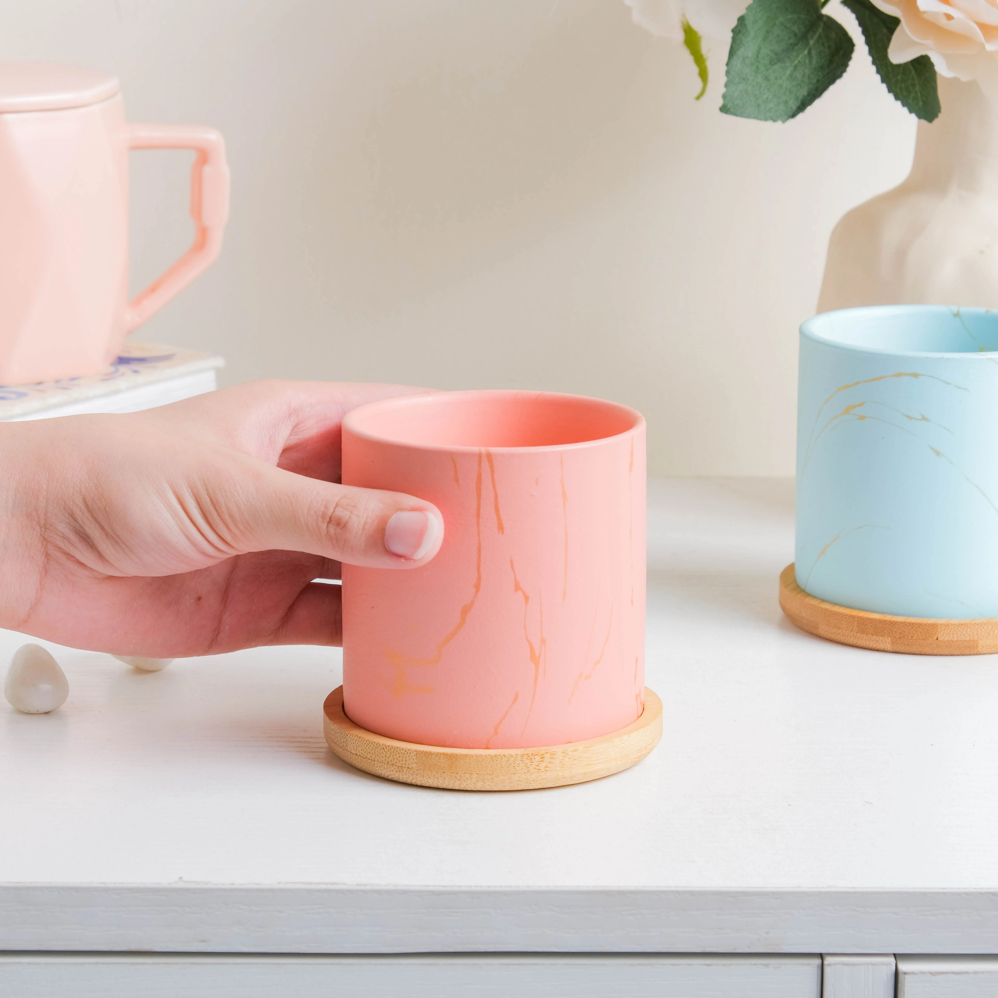 Fuzzy Peach Planter With Coaster - Image 5