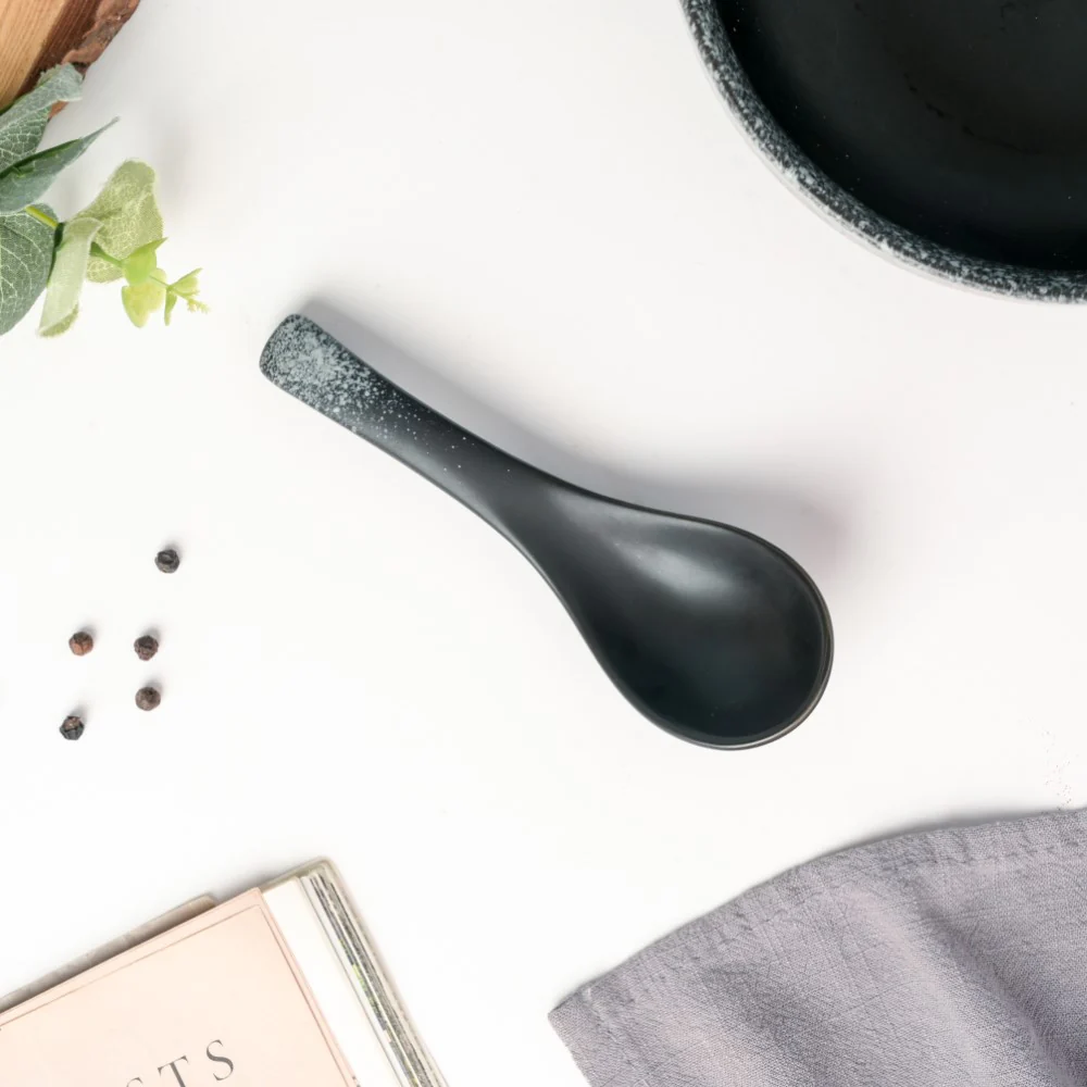 Galaxy Stone Pottery Spoon For Soup Matte Black - Image 3