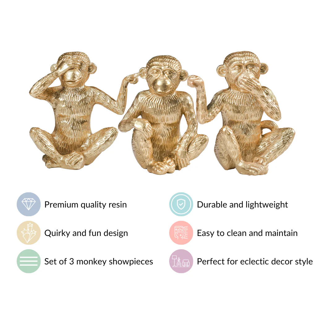Gandhi Monkey Trio Resin Decor Showpiece Gold - Image 5