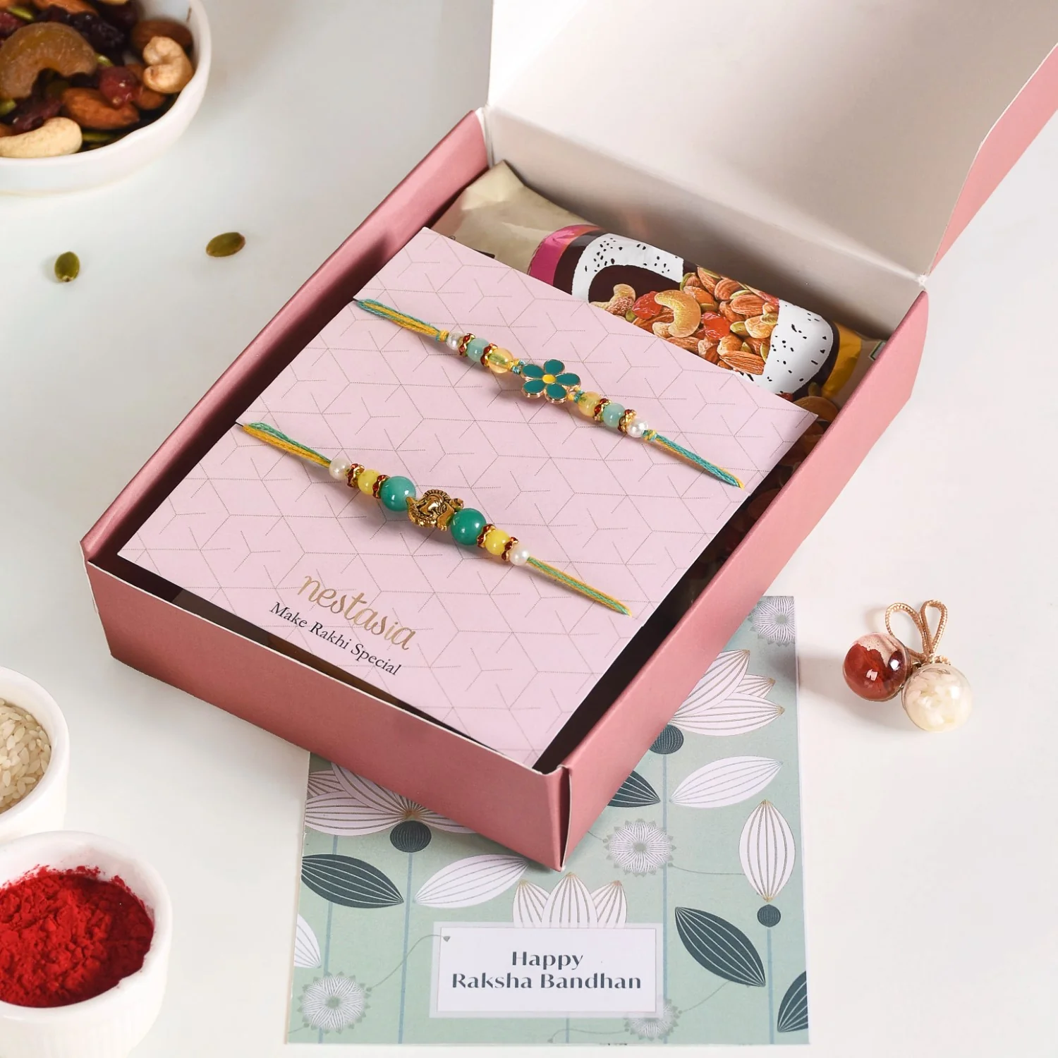 Ganesh Flower Rakhi Set Of 4 With Gift Box Dry Fruits And Card - Image 4