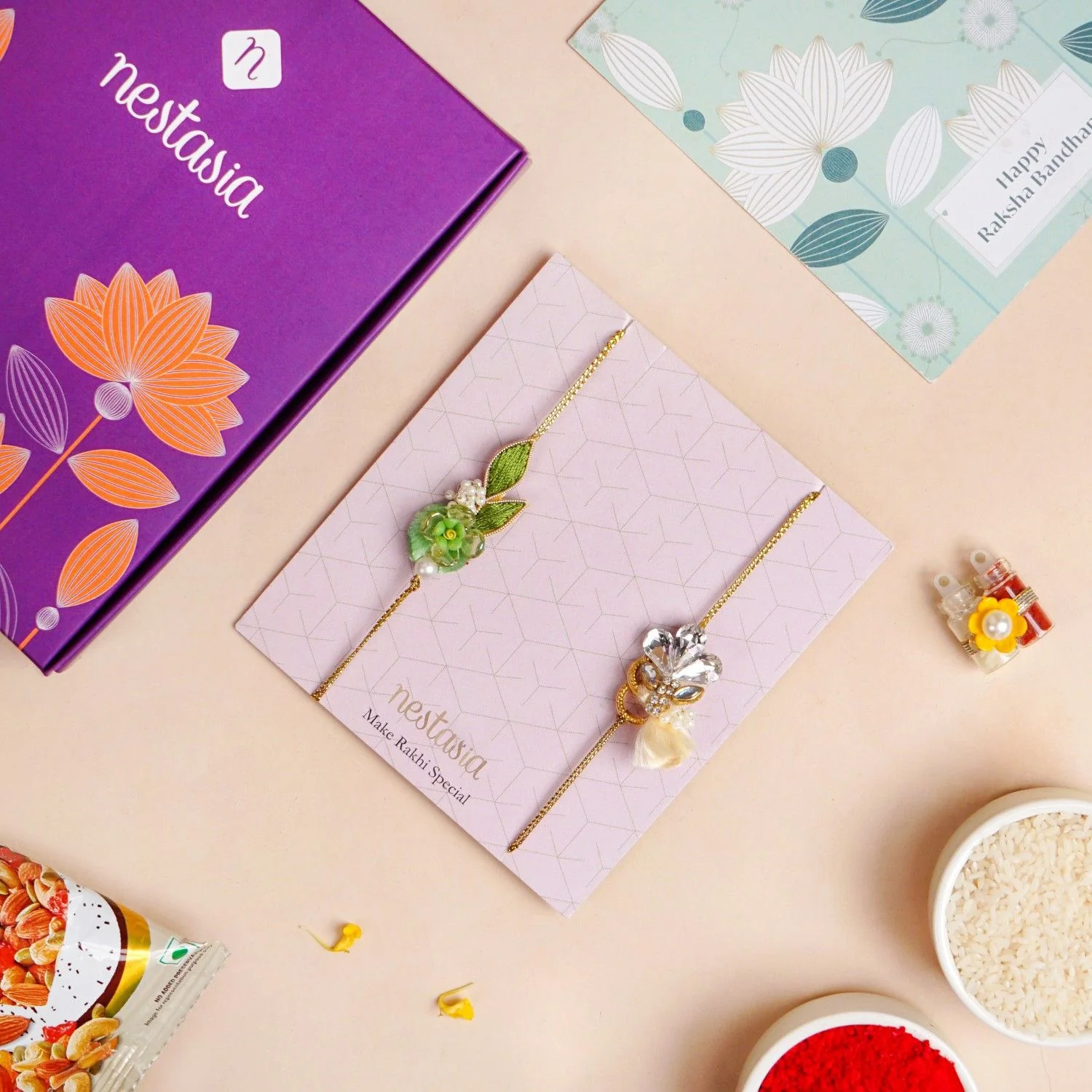 Botanic Bloom And Crystal Charm Rakhi Set of 2 - Image 3