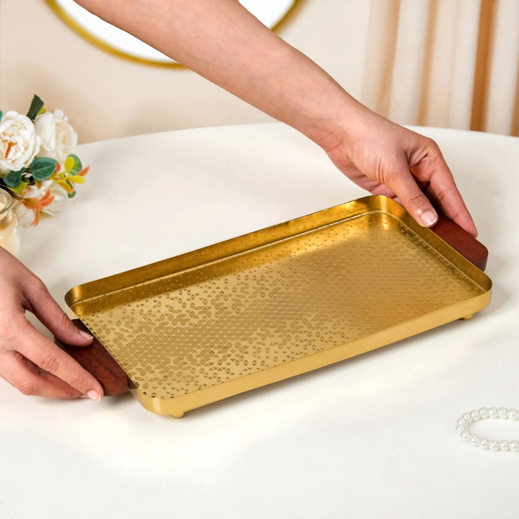 Geometric Embossed Rectangle Metal Tray With Wooden Handles - Image 3