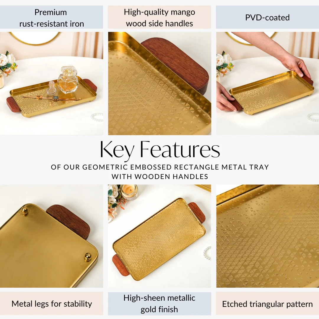 Geometric Embossed Rectangle Metal Tray With Wooden Handles - Image 5