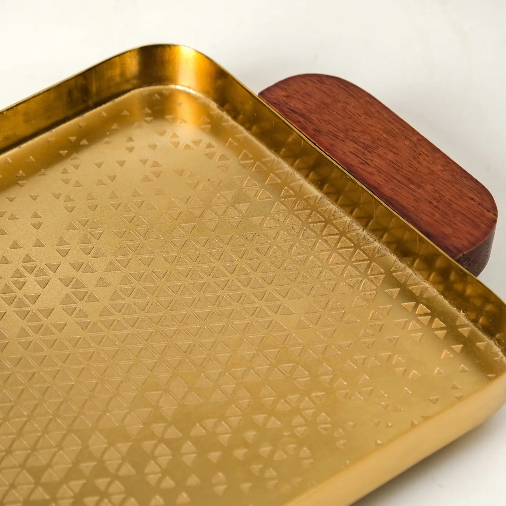 Geometric Embossed Rectangle Metal Tray With Wooden Handles - Image 7