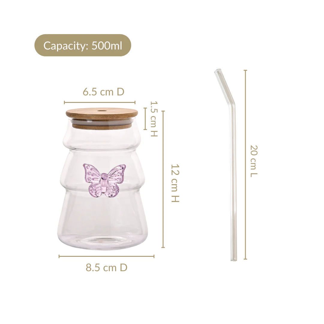 Girlie Butterfly Glass Tumbler With Straw Set Of 2 500ml - Image 5