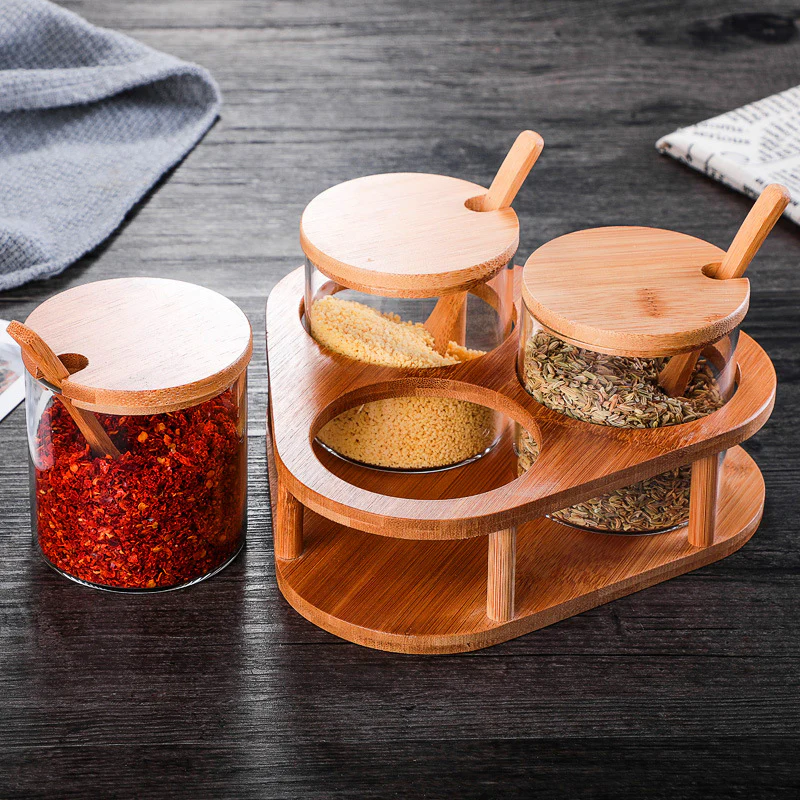 Glass and Wood Storage Jar Set of 3 - Image 2