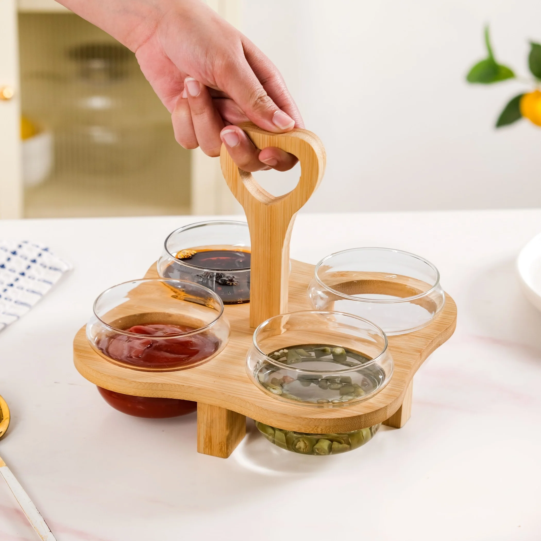 Glass Bowls Set Of 4 With Bamboo Stand - Image 3