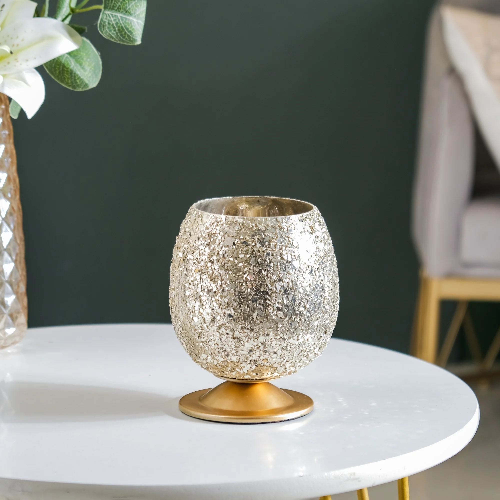 Glass Candle Votive With Stand Champagne Silver - Image 4