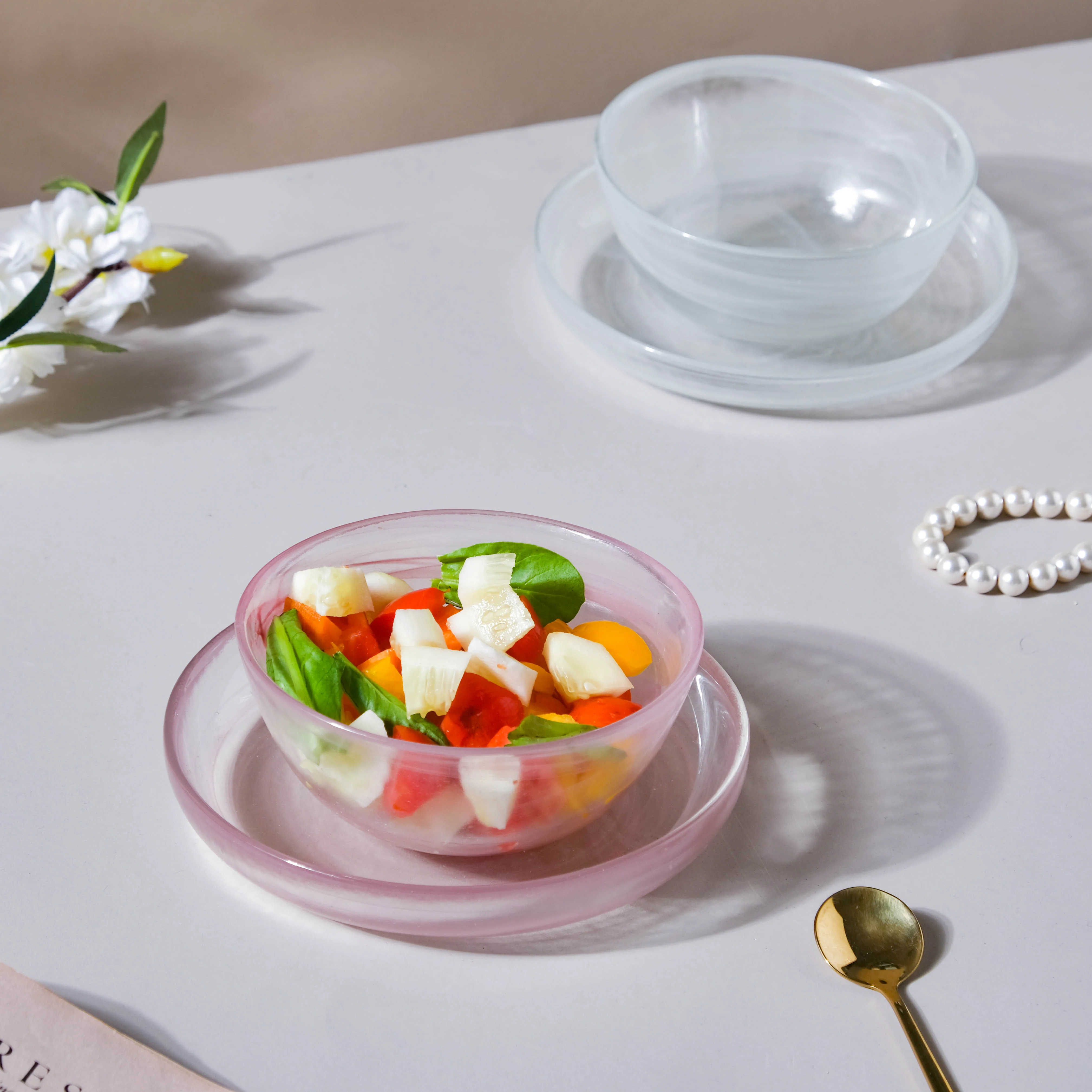 Glass Pink Bowl and Plate Set - Image 11