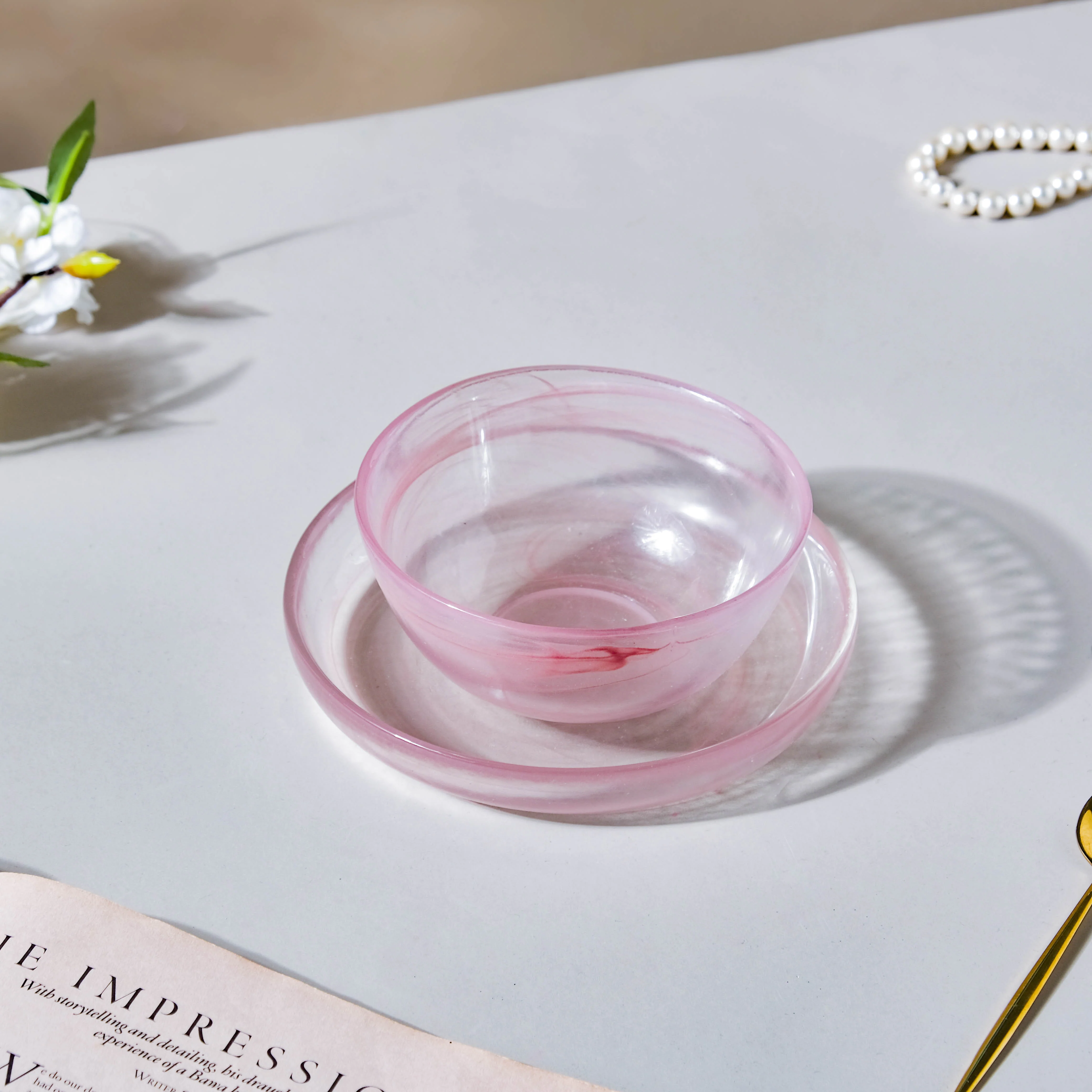 Glass Pink Bowl and Plate Set - Image 4