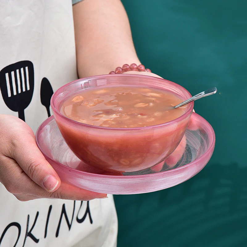 Glass Pink Bowl and Plate Set - Image 8