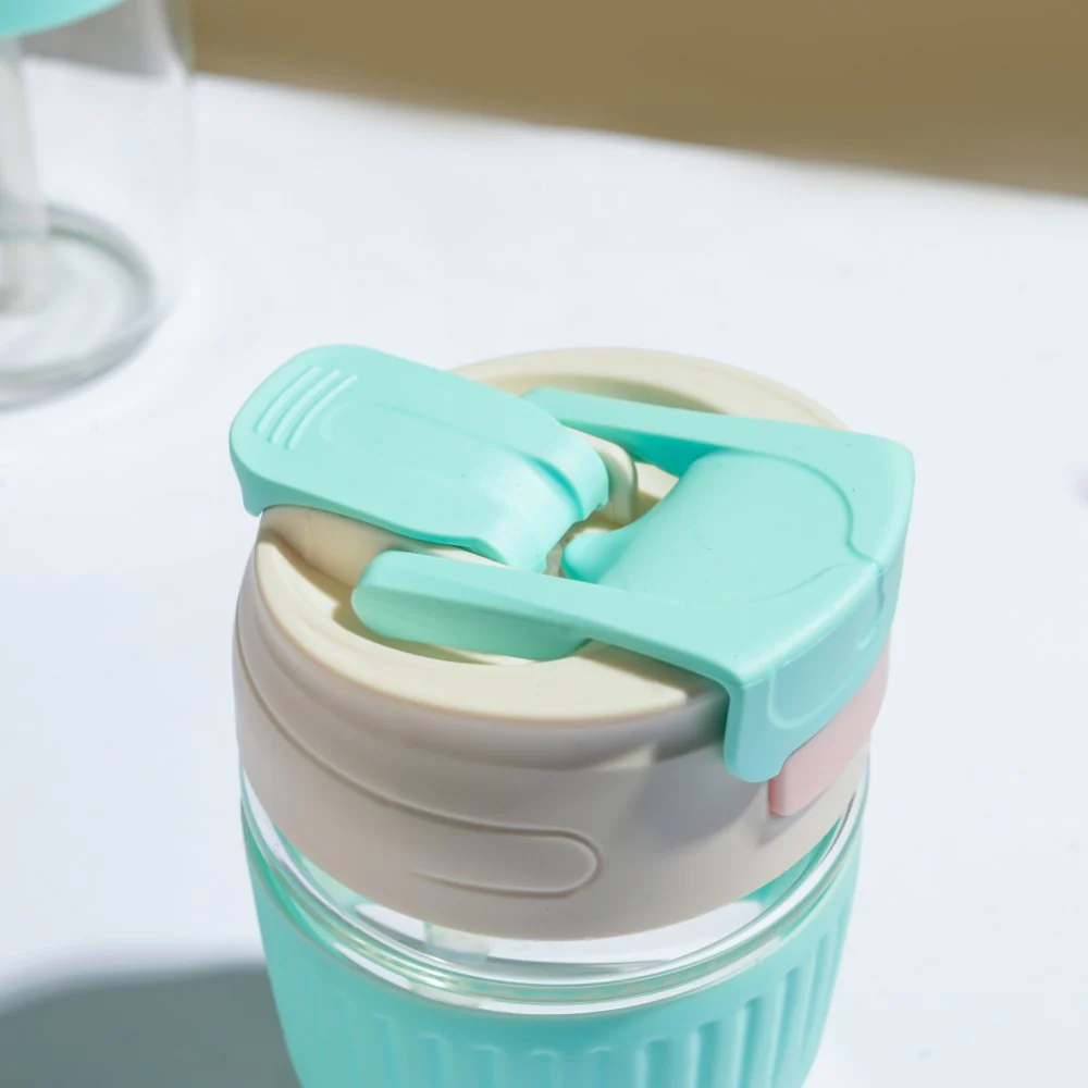 Glass Tumbler With Dual Flip Lid Blue 350ml - Image 6