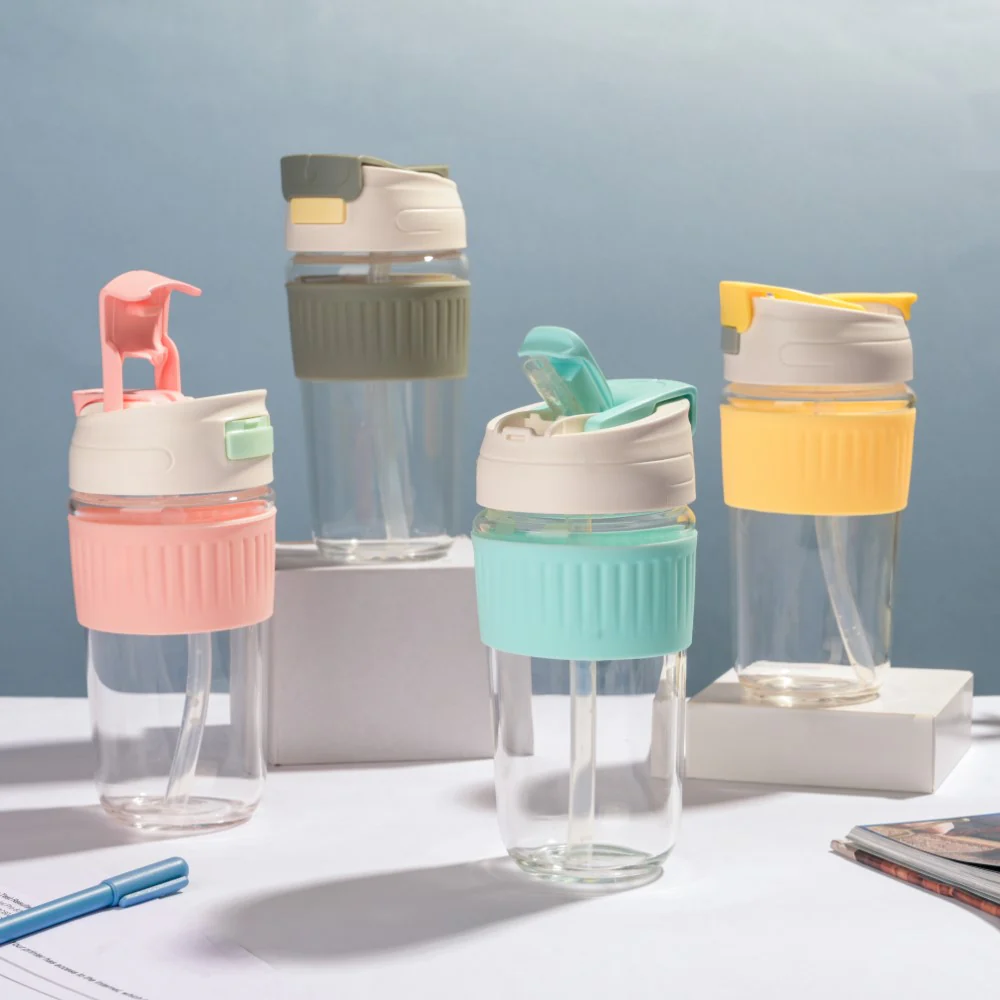Glass Tumbler With Dual Flip Lid Grey 450ml - Image 10
