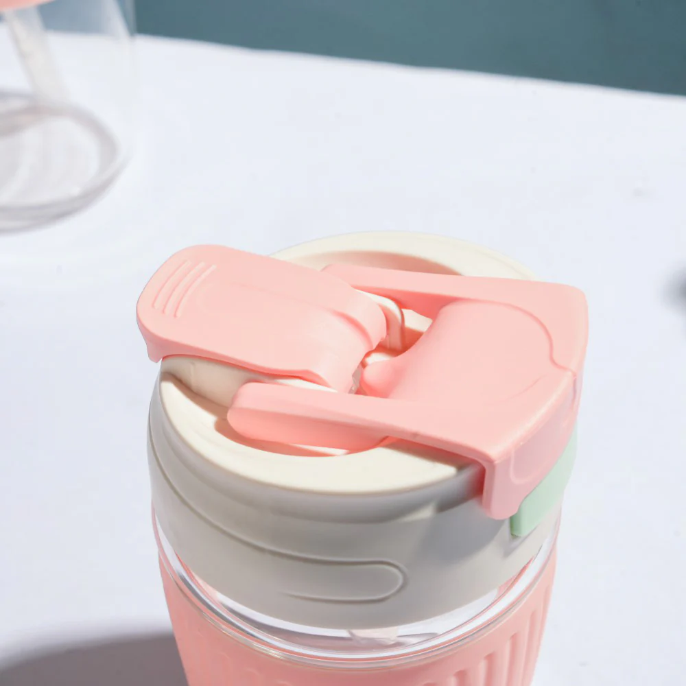 Glass Tumbler With Dual Flip Lid Pink 350ml - Image 8