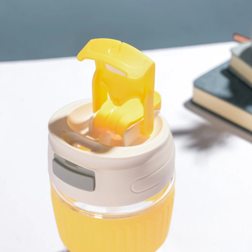 Glass Tumbler With Dual Flip Lid Yellow 350ml - Image 2