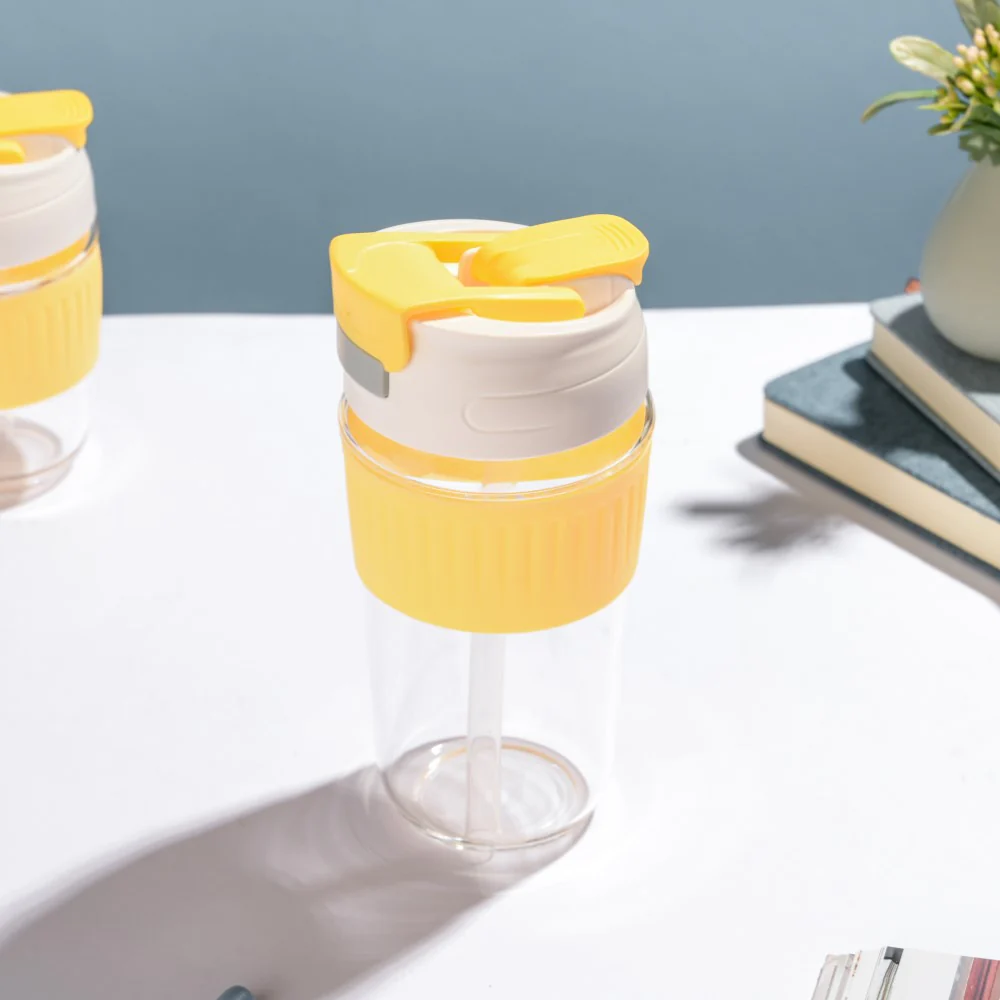 Glass Tumbler With Dual Flip Lid Yellow 450ml - Image 4