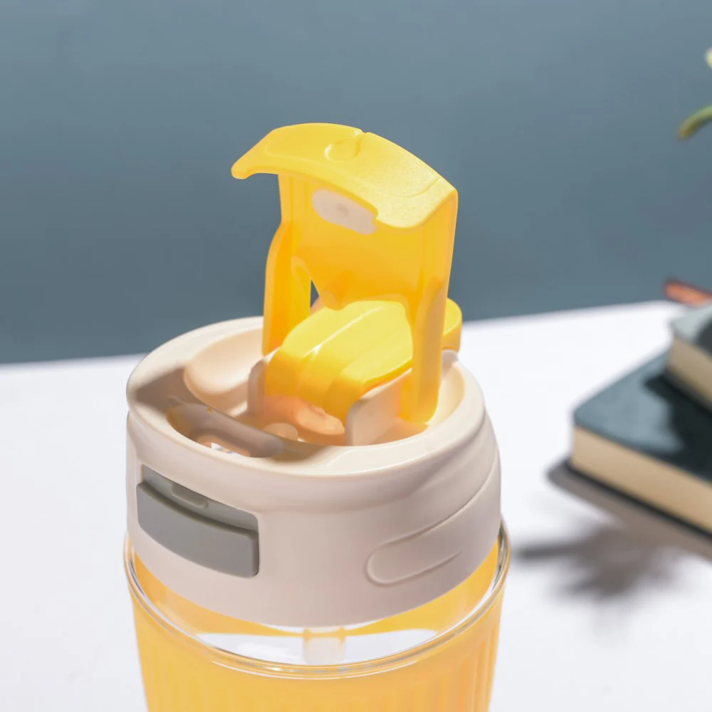 Glass Tumbler With Dual Flip Lid Yellow 450ml - Image 6