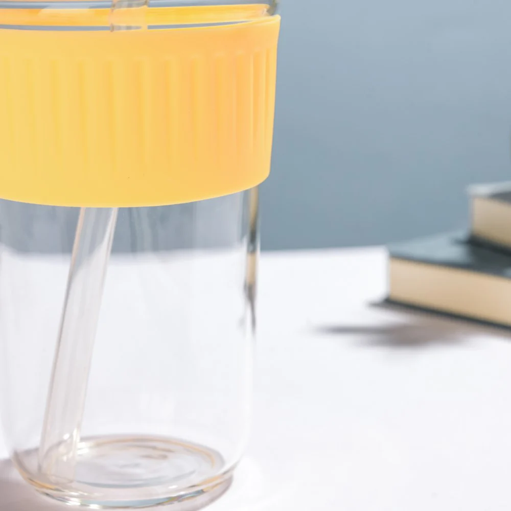 Glass Tumbler With Dual Flip Lid Yellow 450ml - Image 8