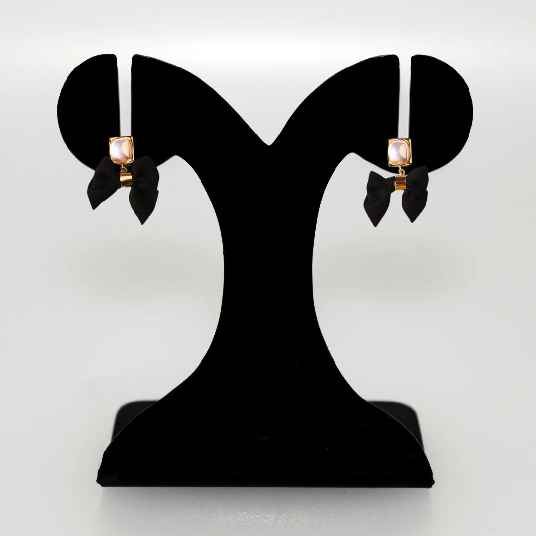 Gold And Black Bow Pearl Earrings - Image 6
