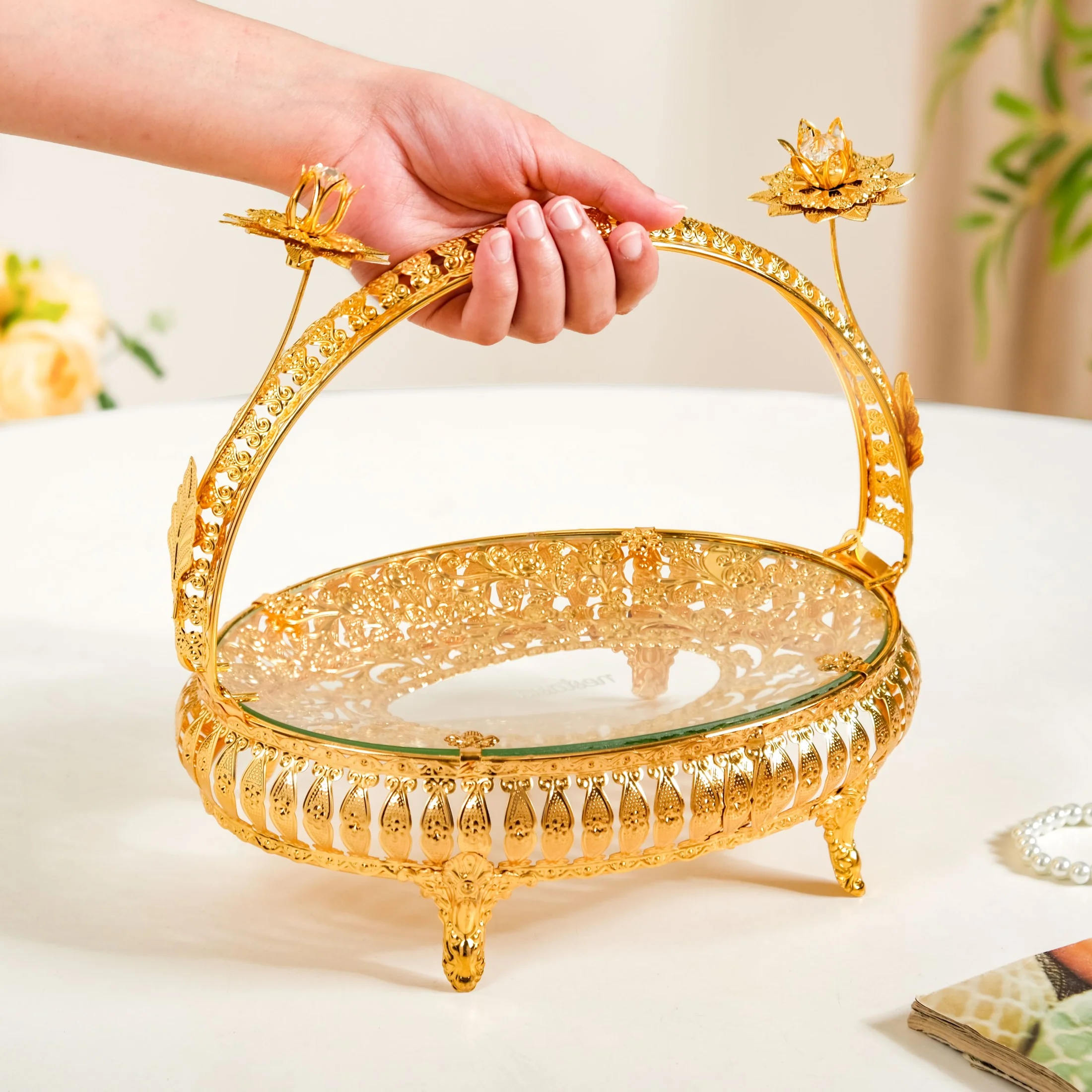 Gold Decorative Tray With Floral Metal Frame - Image 2
