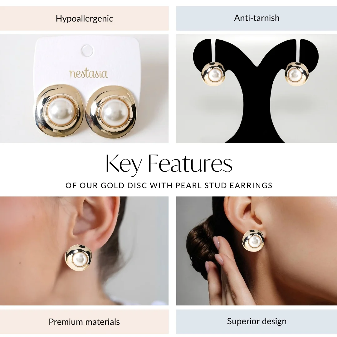 Gold Disc With Pearl Stud Earrings - Image 4