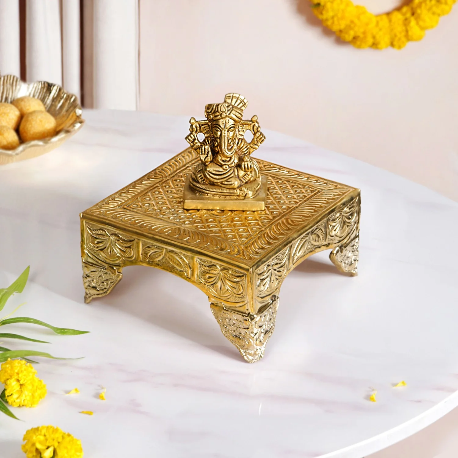 Gold Puja Chowki Small 16x16cm - Image 2