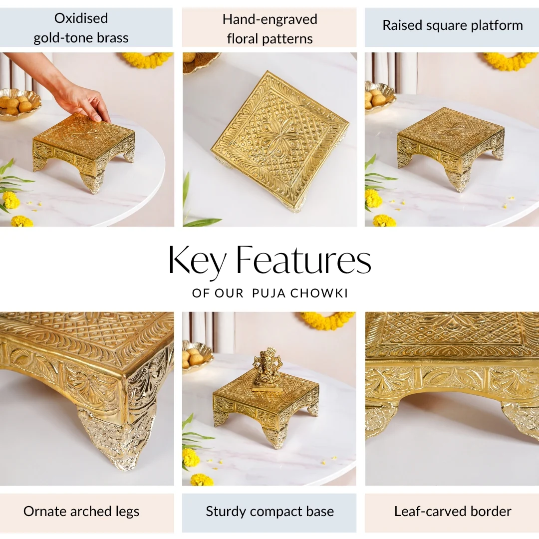 Gold Puja Chowki Small 16x16cm - Image 5