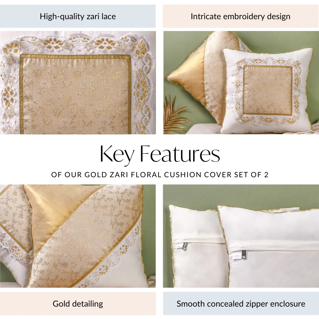 Gold Zari Floral Cushion Cover Set Of 2 - Image 5